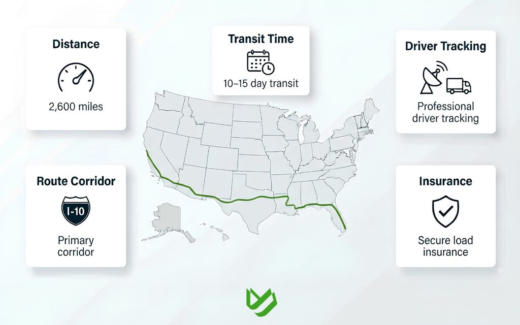 CTC B2C - Blog Article Illustrations - 410 Key stats for shipping an RV from Florida to California: distance, transit time, and route overview.