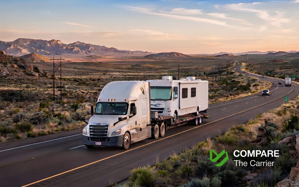 CTC B2C - Blog Article Illustrations - 415 A professional transport semi-truck hauling a large Class A motorhome on an open interstate highway, symbolizing the long-distance journey from Florida to California.