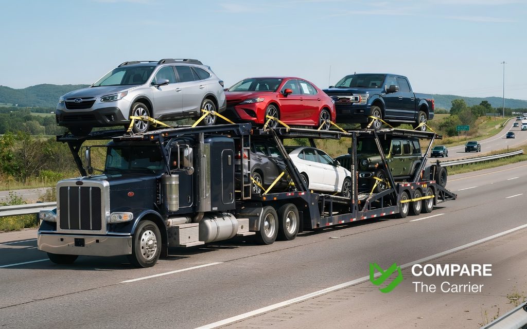 CTC B2C - Blog Article Illustrations - 394 American multi-level auto transport truck moving a newly purchased vehicle across state lines.