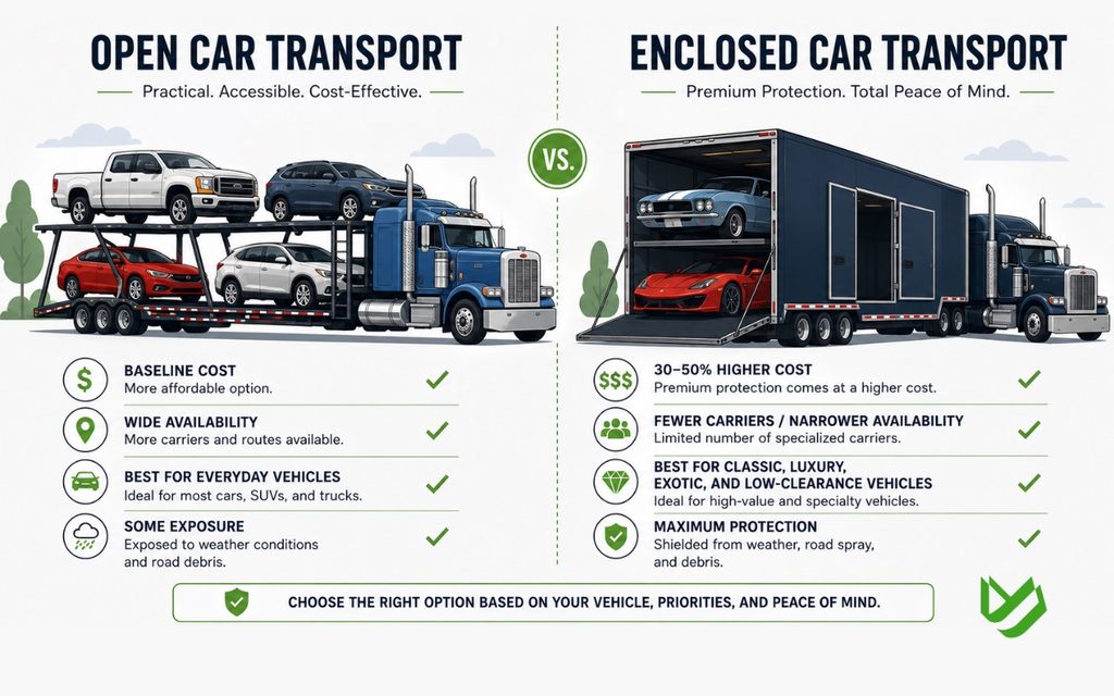 Visual split-screen comparison between open and enclosed car transport methods.