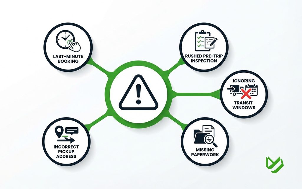 Warning-style infographic highlighting common mistakes to avoid when shipping a car.
