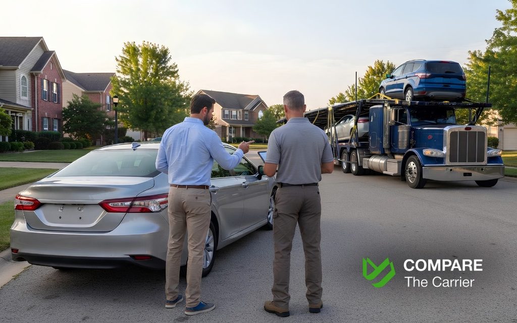 Owner and driver inspecting a delivered car and signing the Bill of Lading.