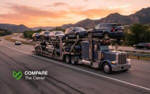 Professional car carrier truck driving on an American highway at sunset