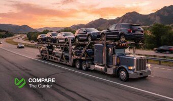Professional car carrier truck driving on an American highway at sunset