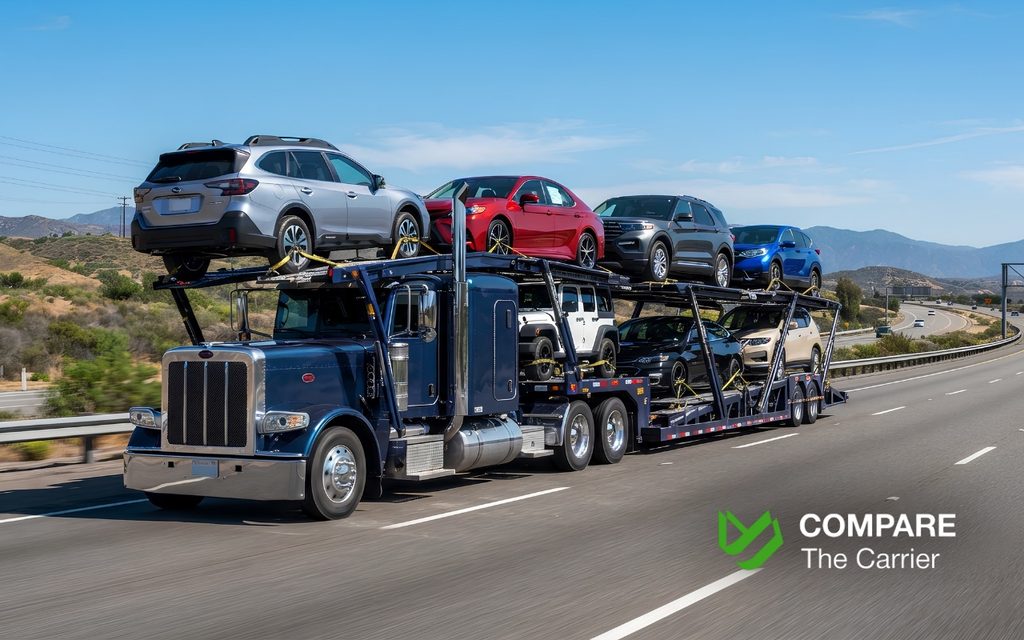 American multi-level auto transport truck carrying mixed vehicles on an interstate highway.