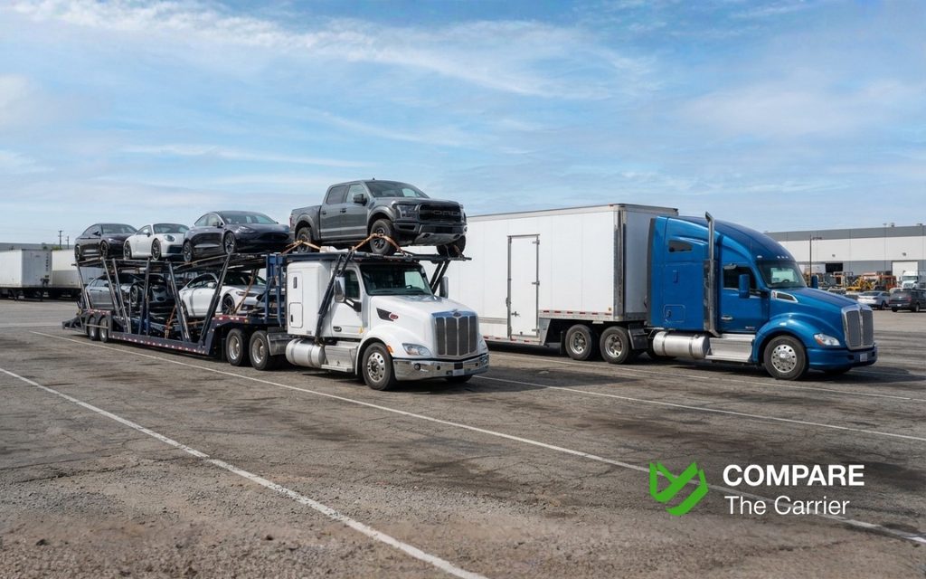 Comparison between open multi-level car carrier and enclosed transport trailer.