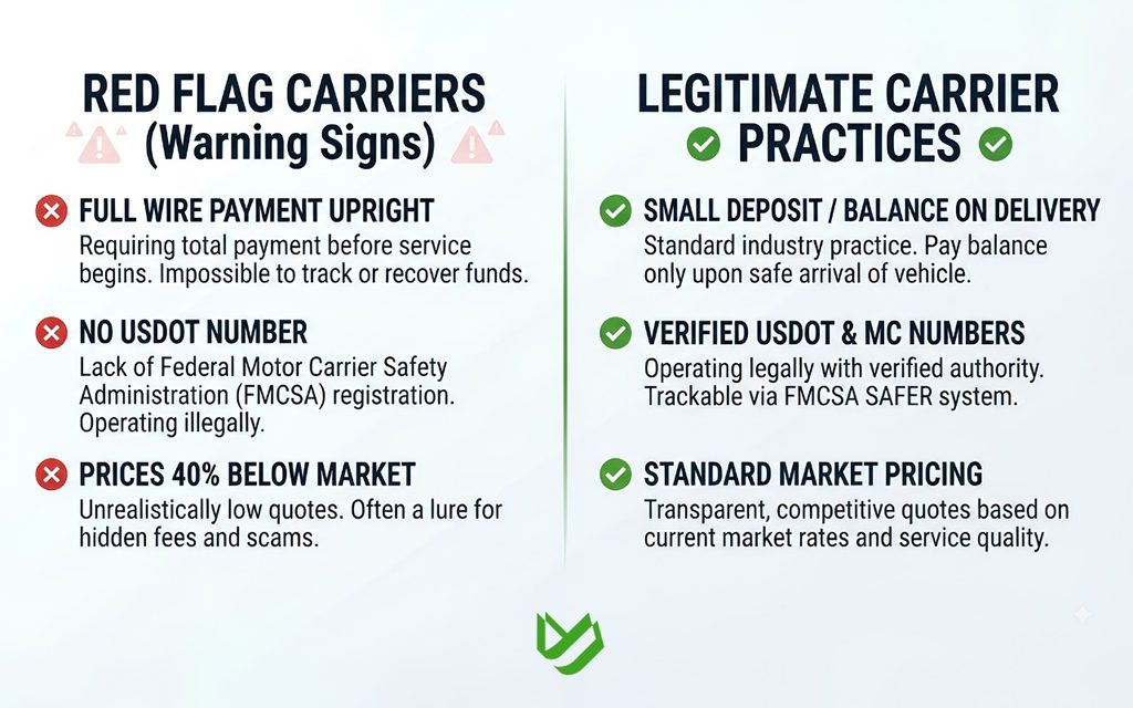 Warning signs and safety checklist to avoid fraudulent car shipping brokers.