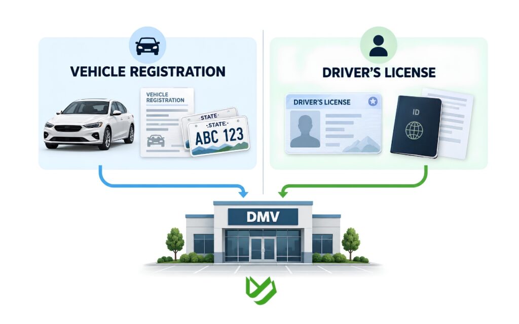 Vehicle registration and driver’s license are separate DMV processes after moving to a new state.