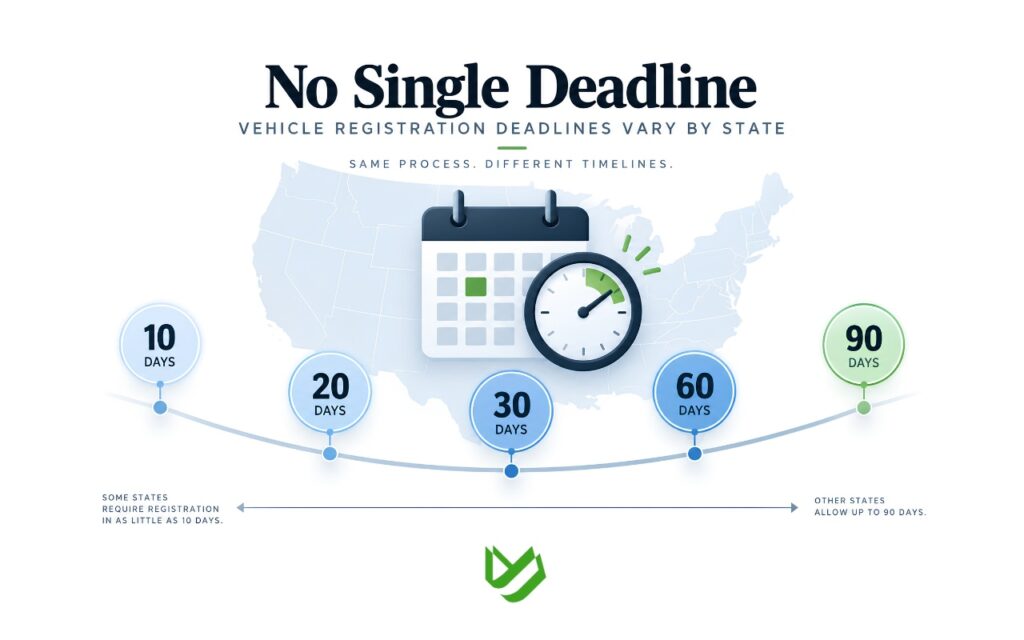 State vehicle registration deadlines after moving to a new state, with 10-, 20-, 30-, 60-, and 90-day registration markers.