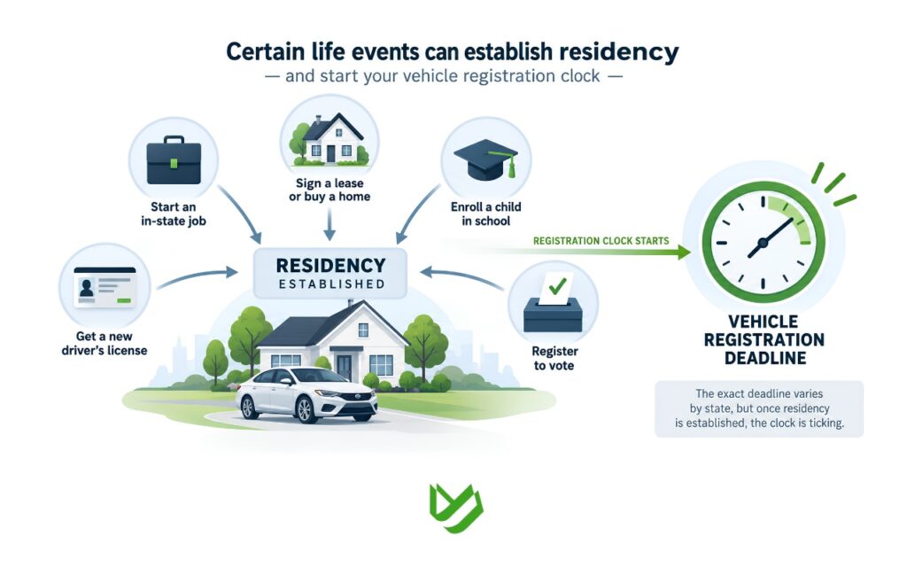 Factors that can establish residency and start the vehicle registration clock after moving to a new state, including a job, home lease, school, voter registration, and driver’s license.