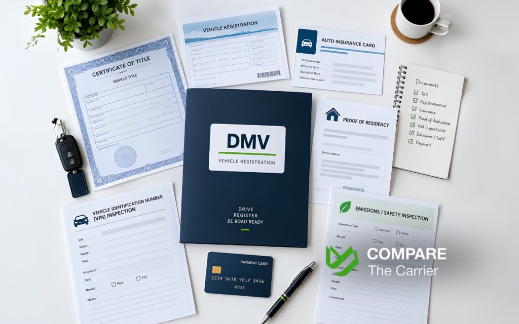 DMV vehicle registration document checklist including title, insurance, proof of residency, VIN, inspection, and payment documents.