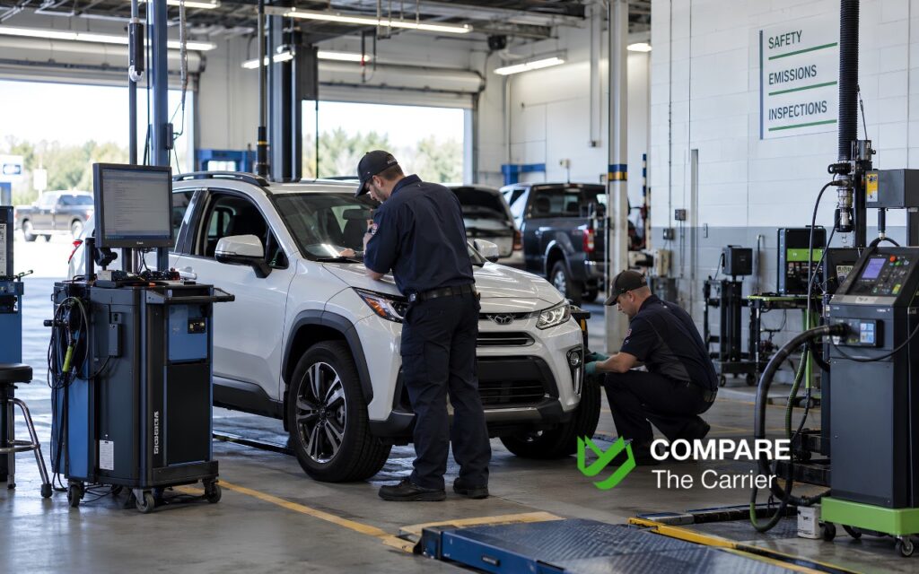 American vehicle inspection station where a car undergoes VIN verification, safety inspection, and emissions testing before registration.