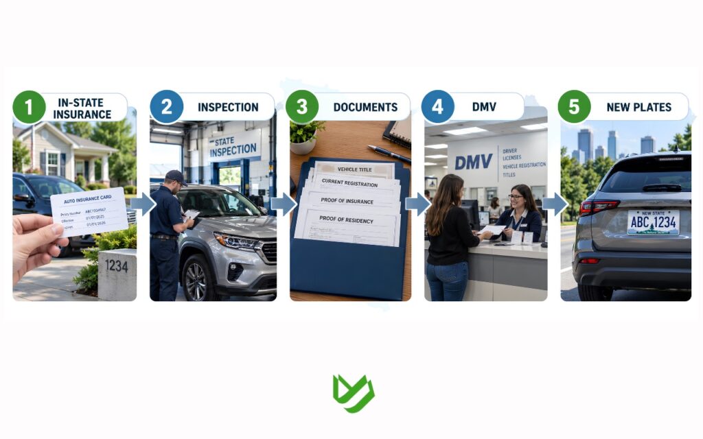 Alt text: Step-by-step vehicle registration process after moving to a new state, from gathering documents and completing inspections to receiving registration and license plates