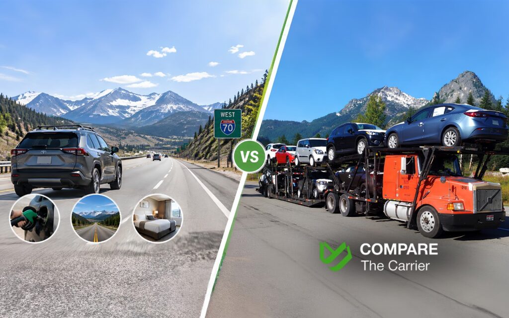 Drive vs. ship a car during an interstate move, comparing a cross-country road trip with vehicle transport on an open auto carrier.