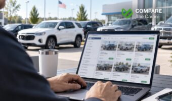 Used car at a dealership with a person browsing online car listings on a laptop.