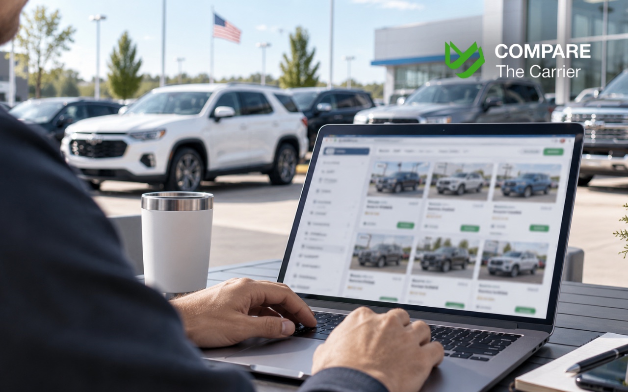 Used car at a dealership with a person browsing online car listings on a laptop.