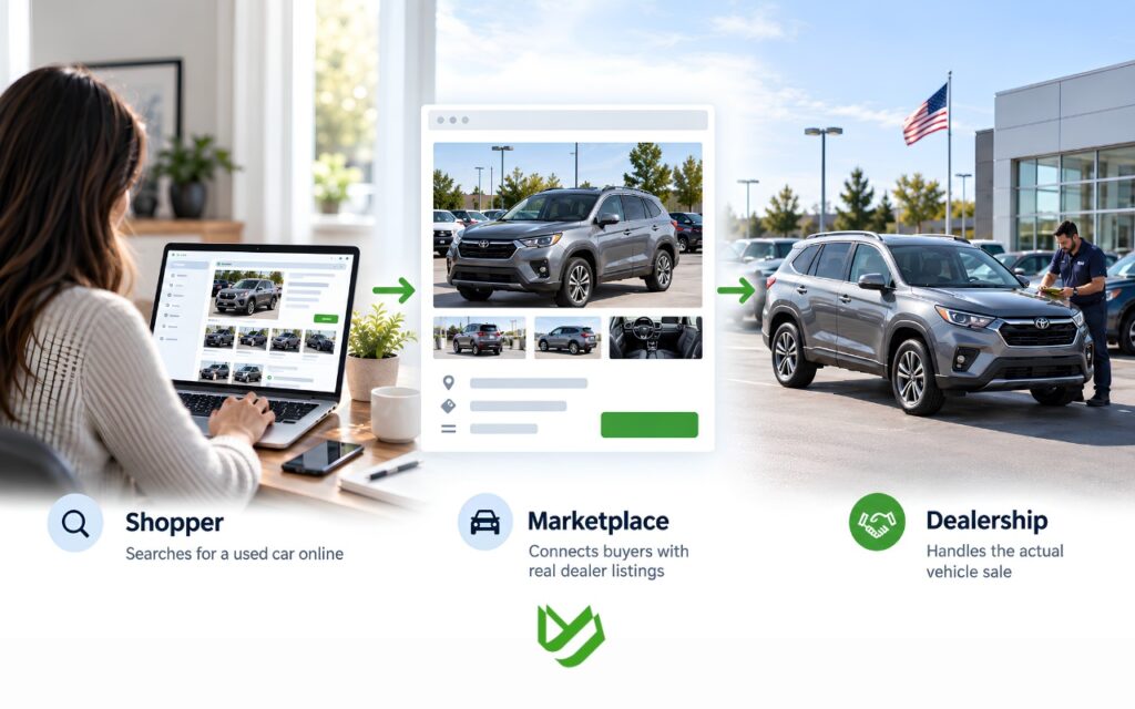 CTC B2C - Blog Article Illustrations - 475 CarGurus marketplace process connecting online car shoppers with dealership listings and in-person vehicle purchases.