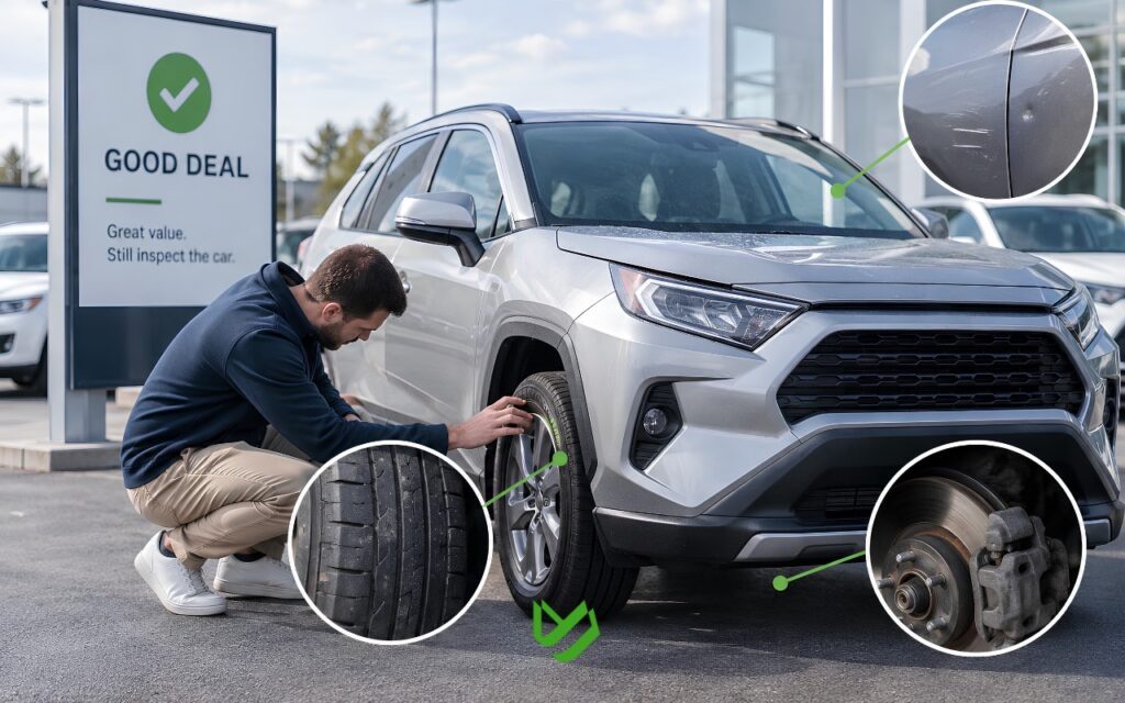 CTC B2C - Blog Article Illustrations - 476 Used car on a dealership lot with a positive deal indicator, highlighting the need to inspect tires, bodywork, and brakes.