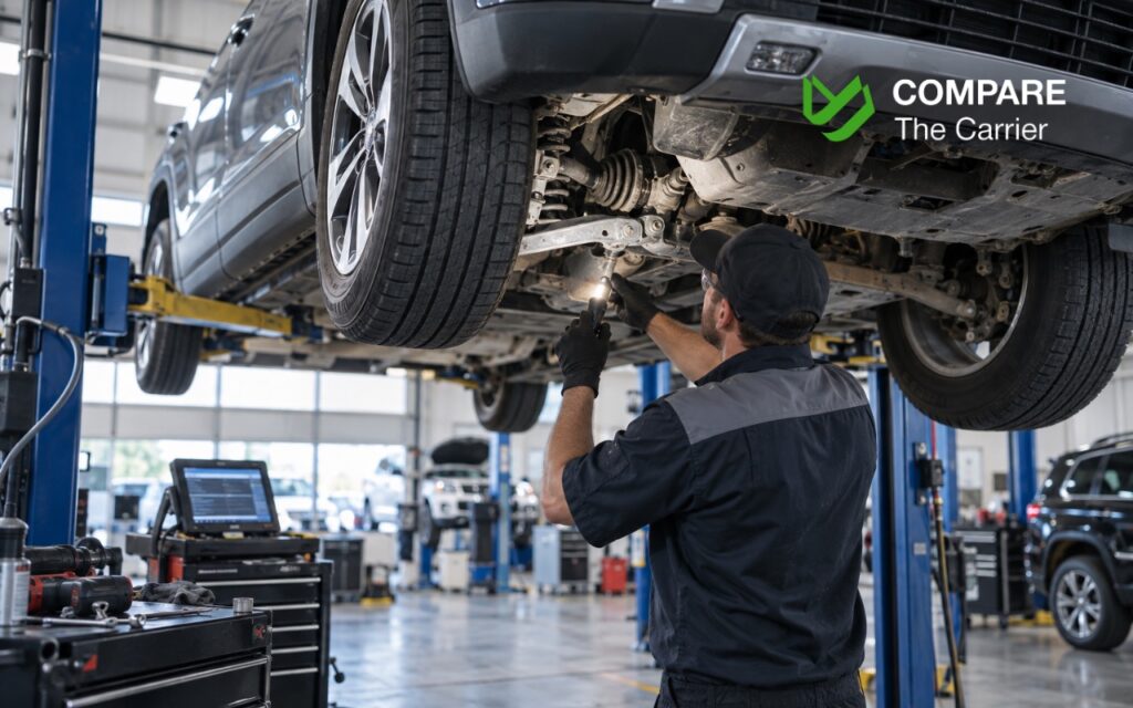 CTC B2C - Blog Article Illustrations - 477 Mechanic performing a pre-purchase inspection of a used car on a lift, checking the brakes, tires, undercarriage, and diagnostic equipment.