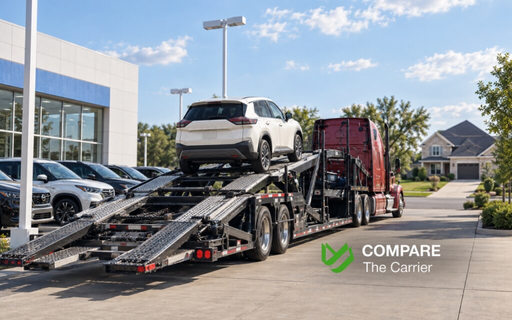 CTC B2C - Blog Article Illustrations - 479 Newly purchased car being loaded onto an open auto transport carrier at a dealership for delivery to its new owner's home.