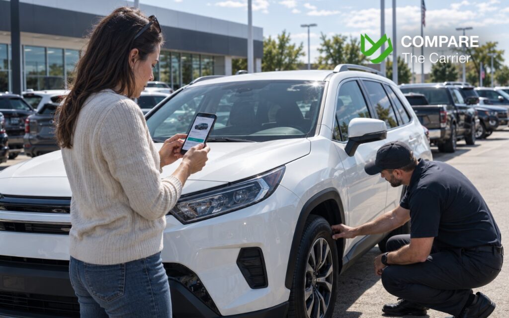 CTC B2C - Blog Article Illustrations - 480 Car owner receiving an instant offer from a dealership representative inspecting a used car, with a smartphone displaying a generic offer screen.