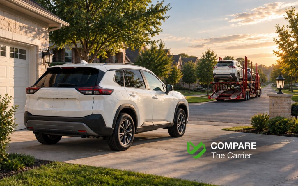 CTC B2C - Blog Article Illustrations - 481 Used car delivered to its new owner's driveway in front of an American home, with an open auto transport carrier leaving in the background.