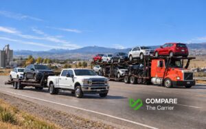 Hot shot pickup truck hauling one to two cars alongside a full-size commercial car carrier loaded with multiple vehicles on an American road.