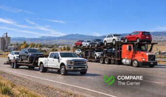 Hot shot pickup truck hauling one to two cars alongside a full-size commercial car carrier loaded with multiple vehicles on an American road.