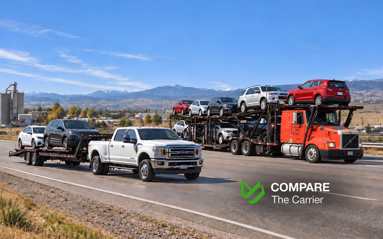 Hot shot pickup truck hauling one to two cars alongside a full-size commercial car carrier loaded with multiple vehicles on an American road.