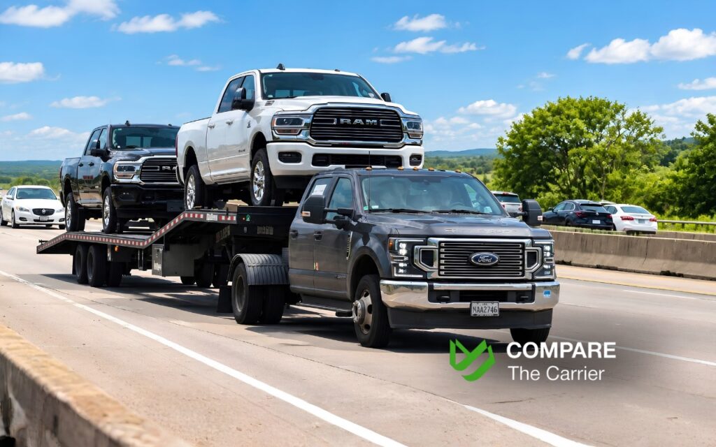 Heavy-duty pickup truck with a gooseneck car-hauling trailer carrying two passenger vehicles, with visible loading ramps, wheel straps, trailer wheels, and hitch connection.