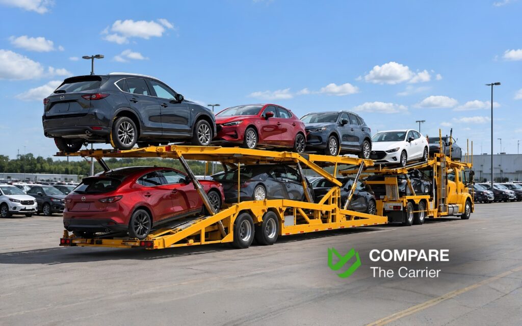 Full-size commercial car carrier with a two-level open trailer loaded with sedans, a compact SUV, a pickup truck, and a crossover at a vehicle staging area.