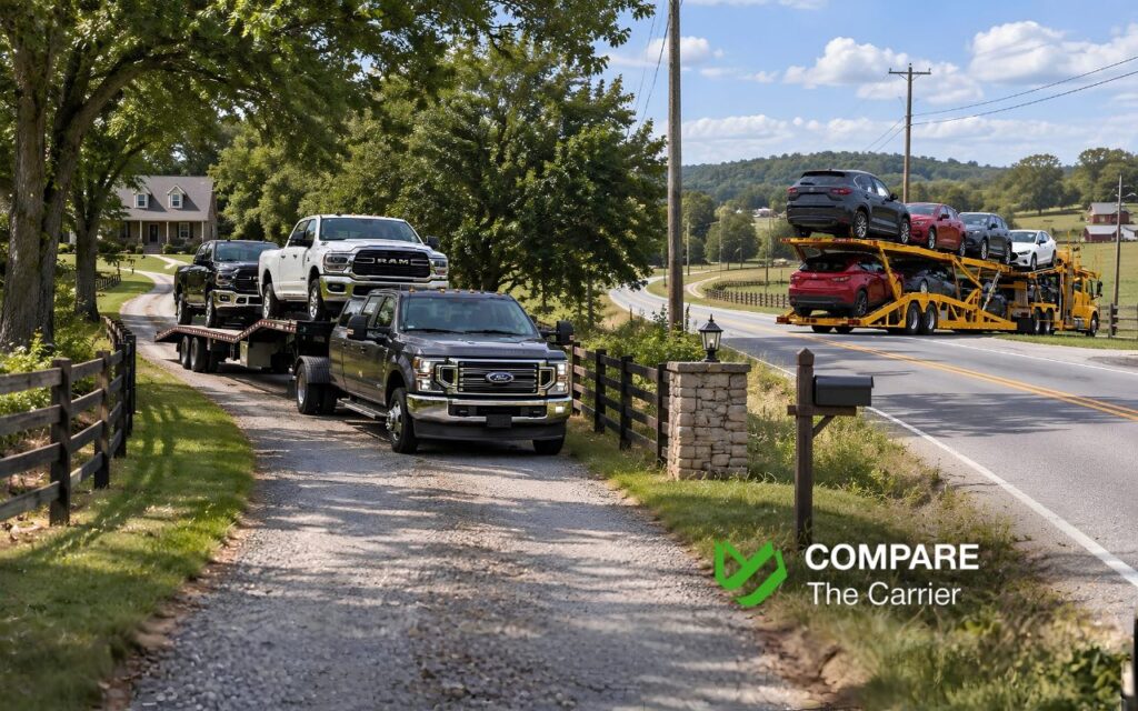 Hot shot pickup truck maneuvering on a narrow residential driveway while a full-size car carrier remains on a wider nearby road due to limited access.