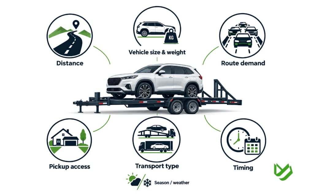 Infographic showing six factors that affect car shipping costs: distance, vehicle size and weight, route demand, pickup access, open versus enclosed transport, and shipping timeline.