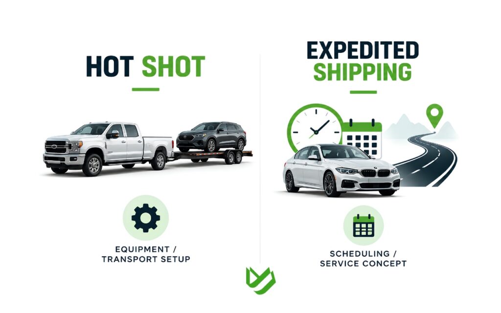 Infographic distinguishing hot shot transport equipment, shown as a pickup truck with a car-hauling trailer, from expedited shipping, illustrated with a vehicle, clock, calendar, and priority route.