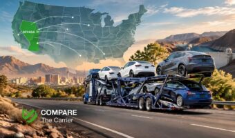 Shipping a car to Nevada on an open auto transport truck, with U.S. shipping routes highlighted on a map and Las Vegas desert scenery in the background.