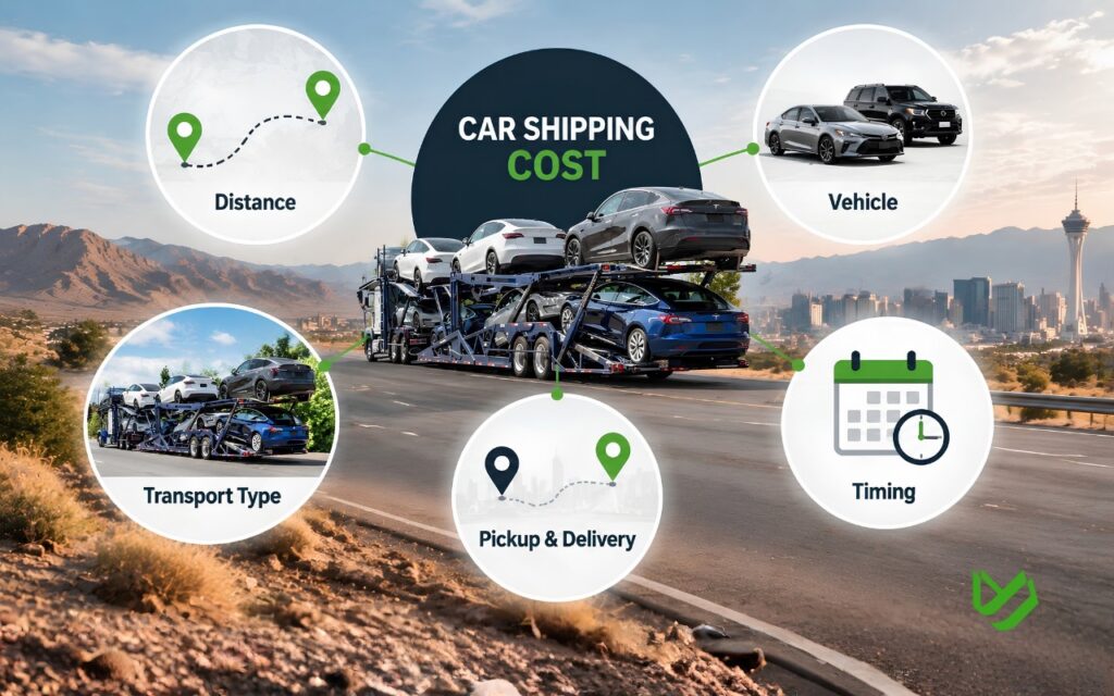 CTC B2C - Blog Article Illustrations - 489 Car shipping cost infographic showing five pricing factors: distance, vehicle type, open or enclosed transport, pickup and delivery locations, and shipping timing.