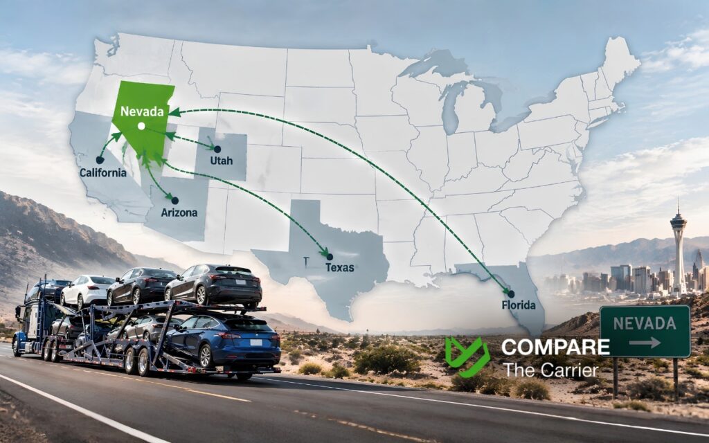 CTC B2C - Blog Article Illustrations - 490 Map of major car shipping routes to Nevada from California, Arizona, Utah, Texas, and Florida, with Nevada highlighted in green and routes across the United States.
