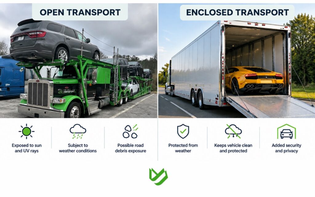 CTC B2C - Blog Article Illustrations - 492 Open vs. enclosed car shipping infographic comparing an open auto transport truck carrying multiple cars with an enclosed carrier protecting vehicles from weather and road debris.