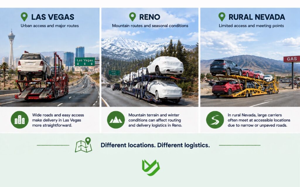 CTC B2C - Blog Article Illustrations - 494 Car delivery in Las Vegas, Reno, and rural Nevada, showing urban streets, mountain highways, and accessible rural pickup locations.