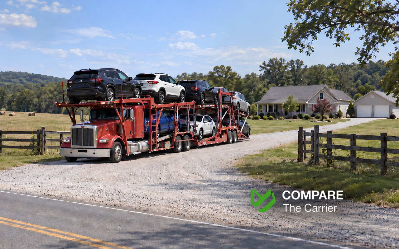 Open auto transport truck carrying cars on a rural road near a private home in the United States.