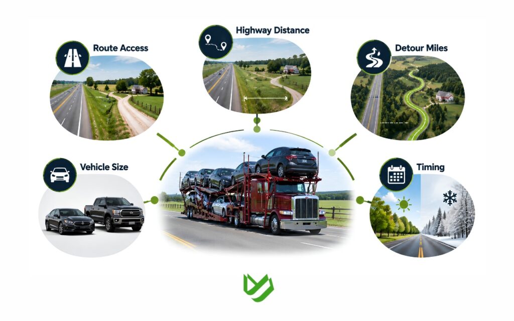 CTC B2C - Blog Article Illustrations 2 - 2 Infographic showing five factors affecting rural car shipping costs: route access, distance from highways, detour miles, vehicle size, and timing.