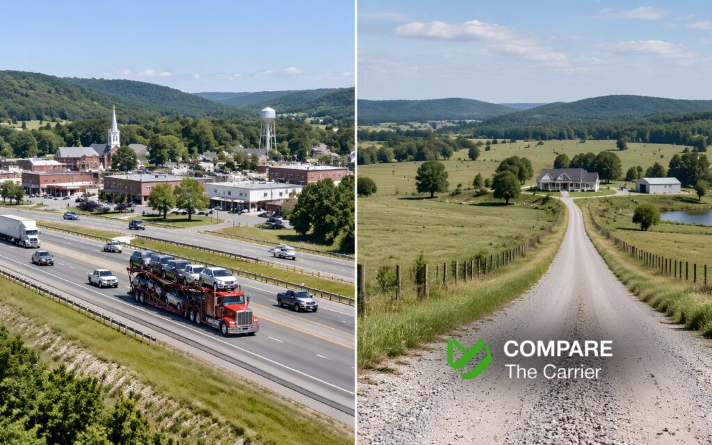 CTC B2C - Blog Article Illustrations 2 - 3 Split-scene comparison of a rural American community near a highway and a remote home accessed by a long gravel road.