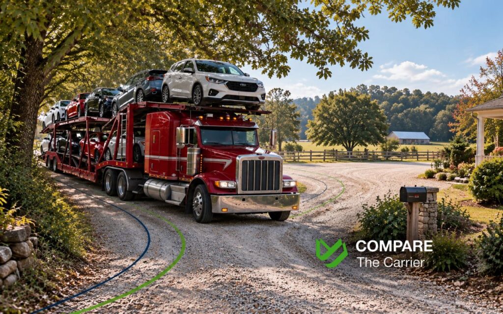 CTC B2C - Blog Article Illustrations 2 - 4 Open car hauler assessing road width, turning clearance, and overhanging tree branches on a rural gravel road near a private home.