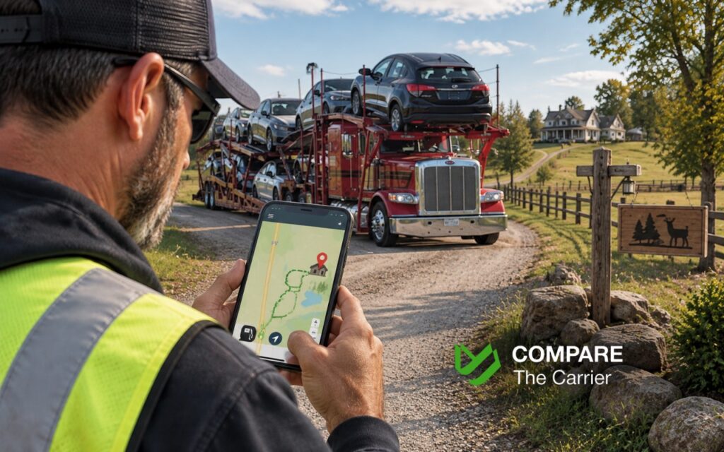 CTC B2C - Blog Article Illustrations 2 - 6 Car hauler driver using a navigation device with a generic map showing a highway, rural road, isolated property, destination marker, and nearby landmark.