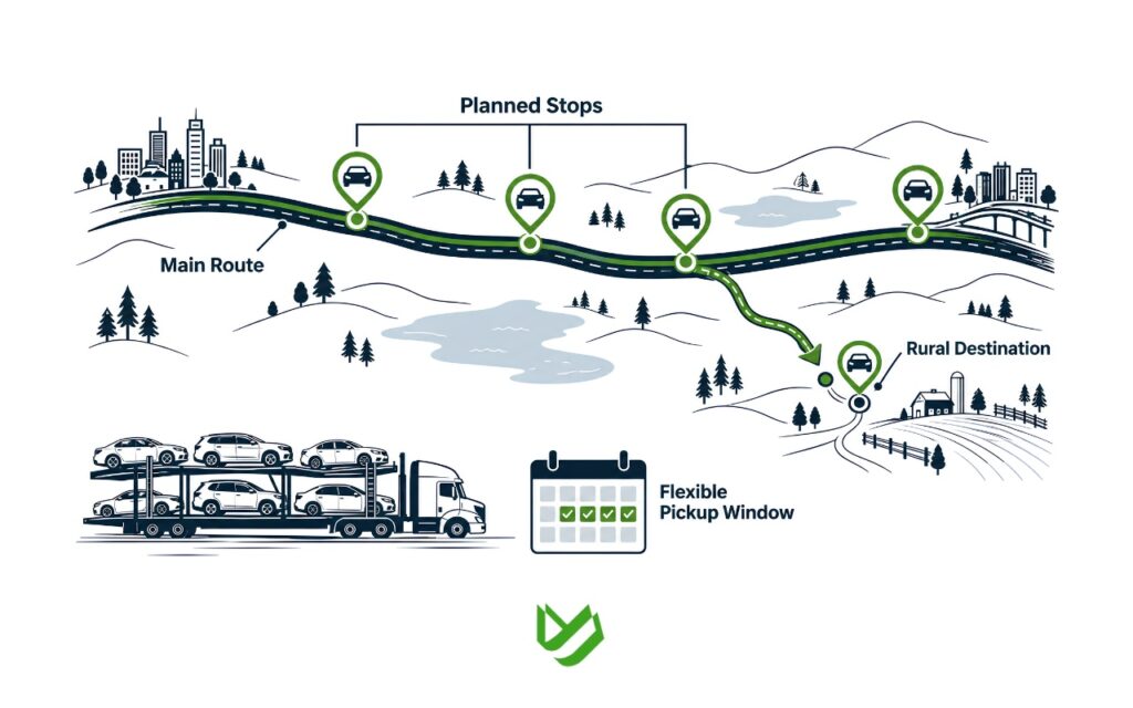 CTC B2C - Blog Article Illustrations 2 - 7 Route-planning infographic showing a main highway, scheduled stops, an alternate route to a rural destination, and flexible pickup days on a calendar.