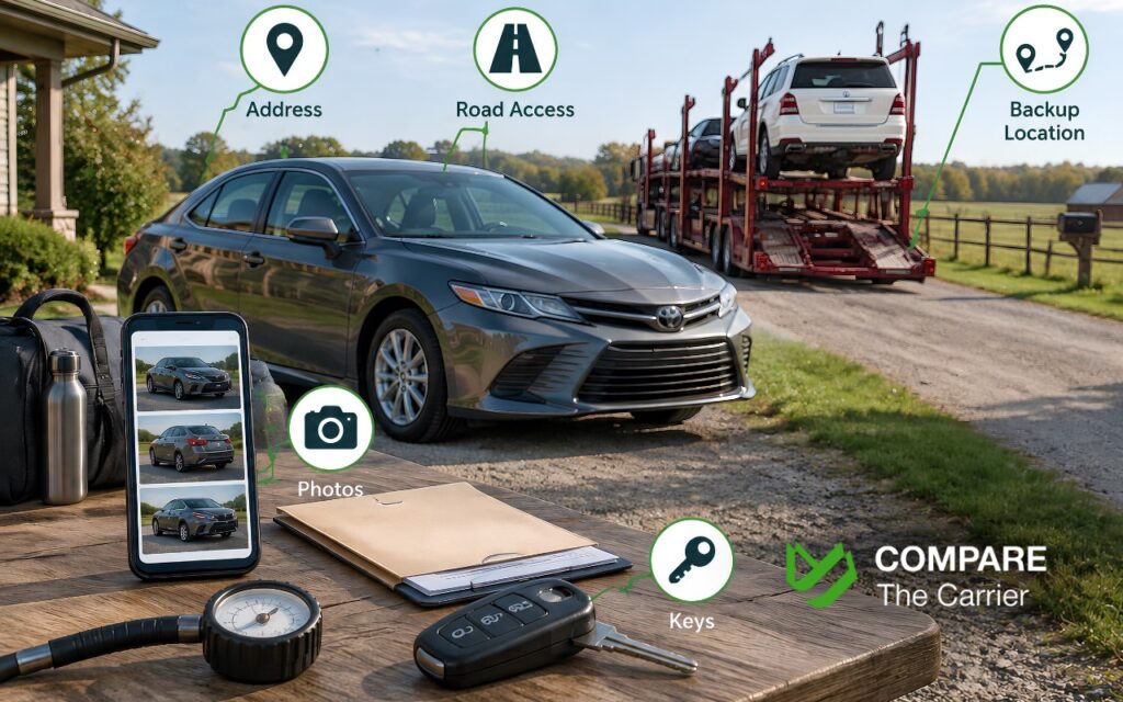 CTC B2C - Blog Article Illustrations 2 - 8 Car prepared for rural transport with keys, vehicle photos, document folder, tire pressure gauge, and personal items removed, while an auto transport carrier waits near an accessible driveway.