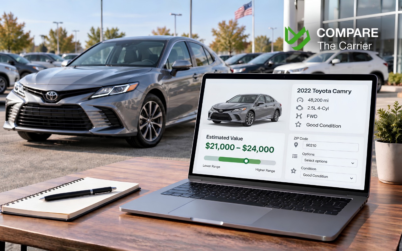 Used 2022 Toyota Camry on an American dealership lot with a laptop and smartphone displaying a generic vehicle valuation interface showing mileage, engine type, drivetrain, condition, and estimated value.