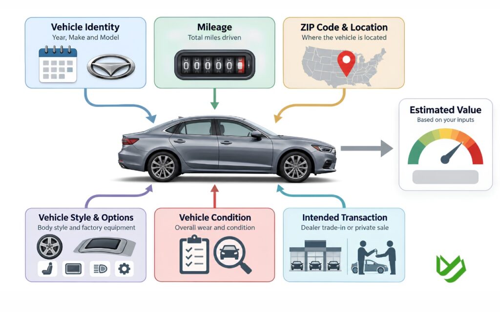 CTC B2C - Blog Article Illustrations - 483 Infographic showing a central car surrounded by six vehicle valuation factors: vehicle identity, mileage, ZIP code/location, vehicle style and options, condition, and intended transaction. Arrows connect each factor to the car and lead to a final estimated vehicle value.