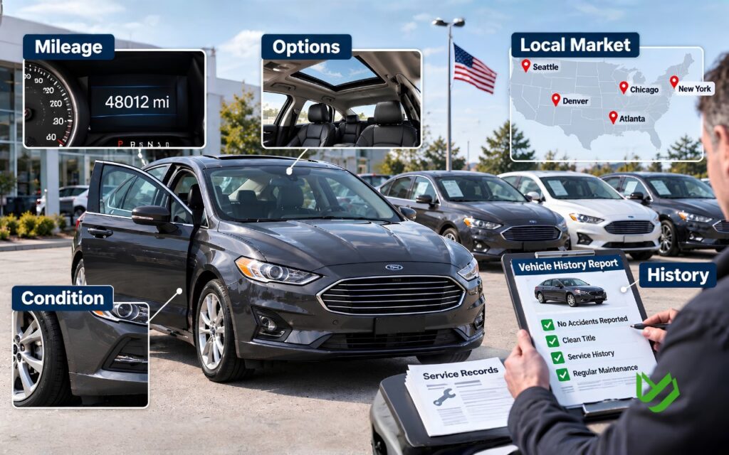 CTC B2C - Blog Article Illustrations - 484 Infographic featuring the same car model surrounded by distinct visual icons representing mileage, vehicle condition, factory options, location, market demand, and vehicle history to illustrate how these factors influence a car’s estimated value.