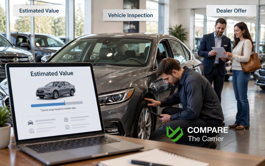 CTC B2C - Blog Article Illustrations - 485 American car dealership showing a dealer inspecting a used car, with a laptop displaying an estimated vehicle value, followed by the dealer and a buyer discussing the final purchase offer beside the vehicle.